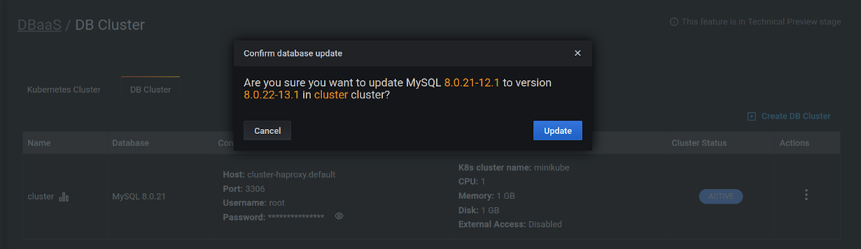 !DBaaS Update Confirmation